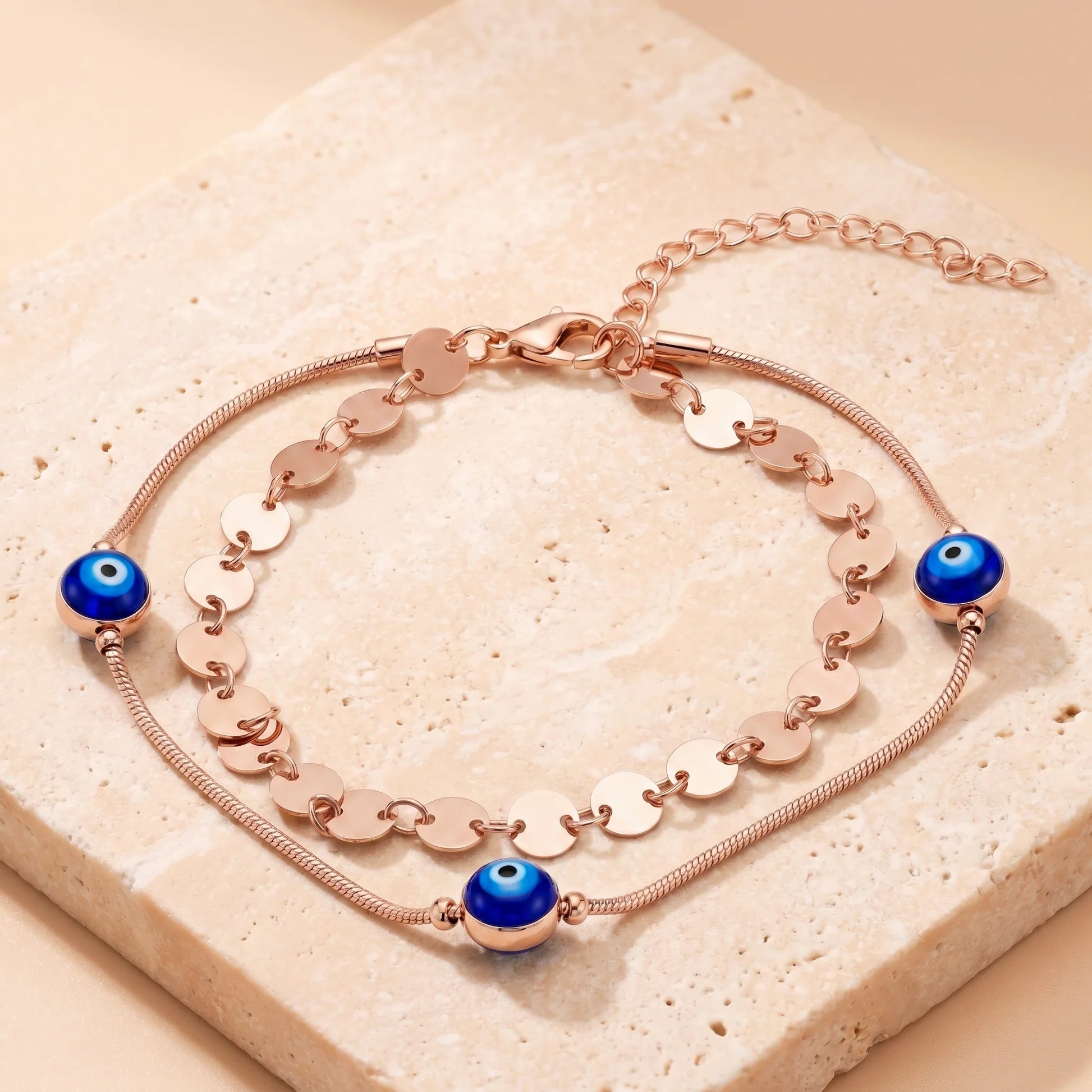 Fasssions Women's Rose Gold Evil Eye Anklet | Double Layer Adjustable Anklet with Blue Evil Eye Charms | Fashion Foot Jewelry for Women & Girls