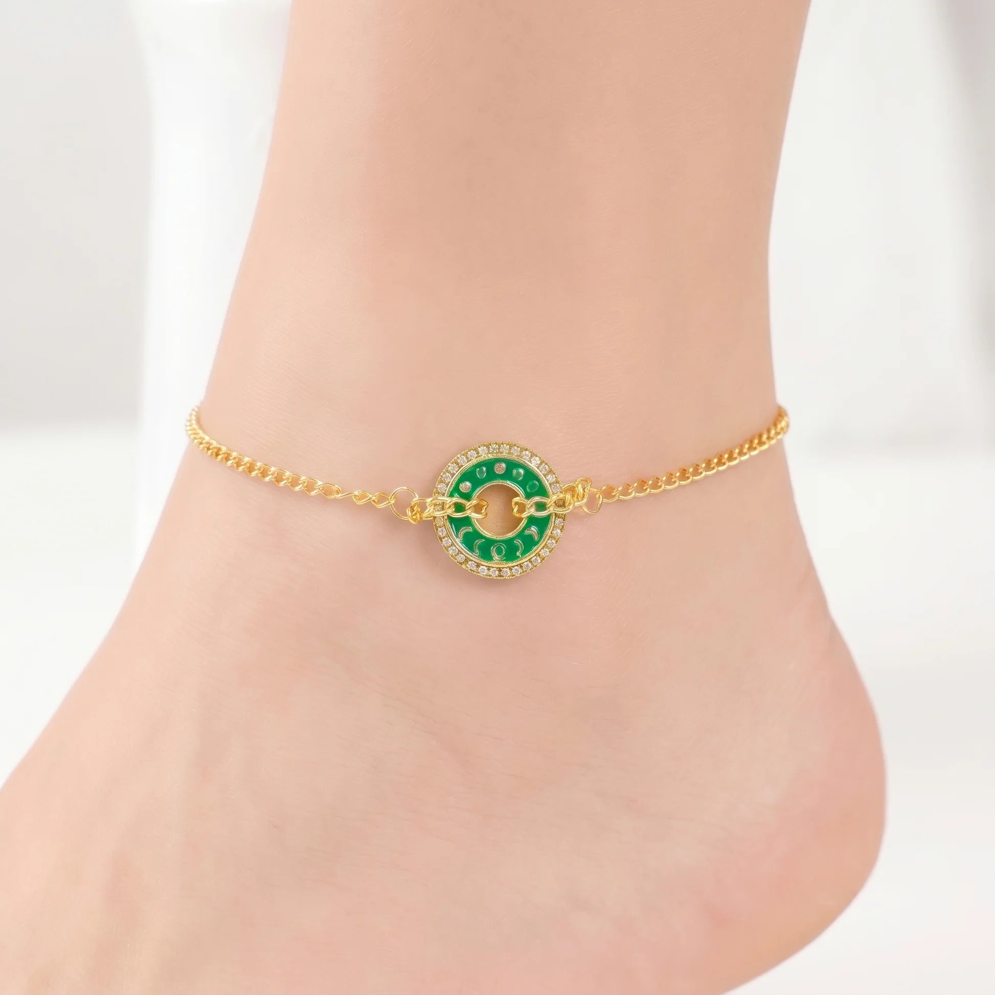 Fasssions Gold Plated Green Evil Eye Circle Anklet for Women & Girls | Adjustable Chain Ankle Bracelet | Crystal Studded Lucky Charm Anklet