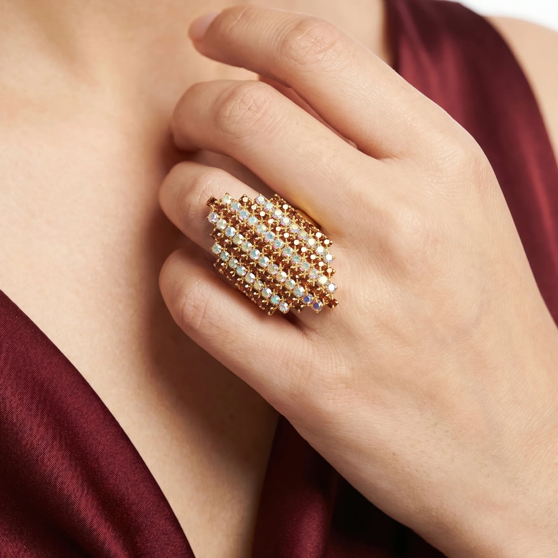 Fasssions Gold Plated Crystal Statement Ring for Women & Girls | Adjustable Cocktail Ring | Sparkling Rhinestone Fashion Ring | Party Wear Finger Ring