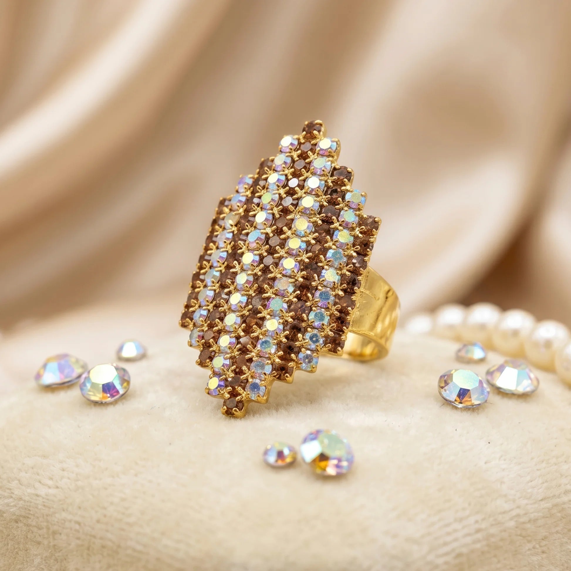 Fasssions Gold Plated Crystal Statement Ring for Women & Girls | Adjustable Cocktail Ring | Sparkling Rhinestone Fashion Ring | Party Wear Finger Ring