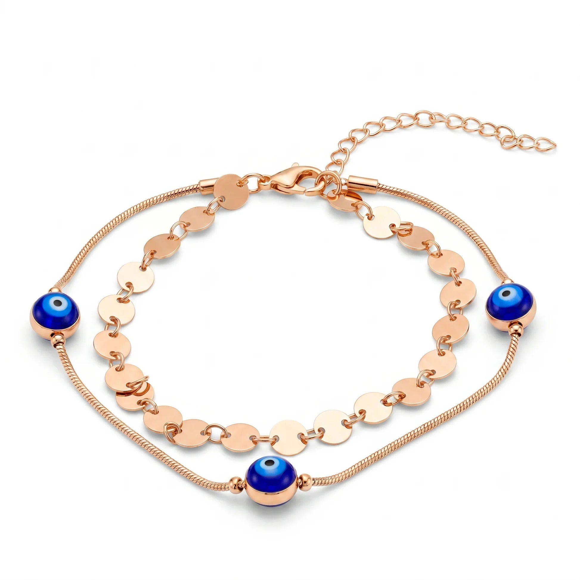 Fasssions Women's Rose Gold Evil Eye Anklet | Double Layer Adjustable Anklet with Blue Evil Eye Charms | Fashion Foot Jewelry for Women & Girls