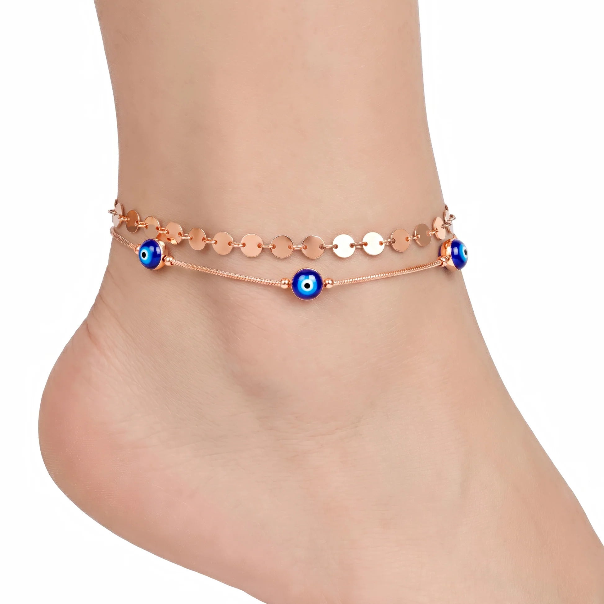 Fasssions Women's Rose Gold Evil Eye Anklet | Double Layer Adjustable Anklet with Blue Evil Eye Charms | Fashion Foot Jewelry for Women & Girls