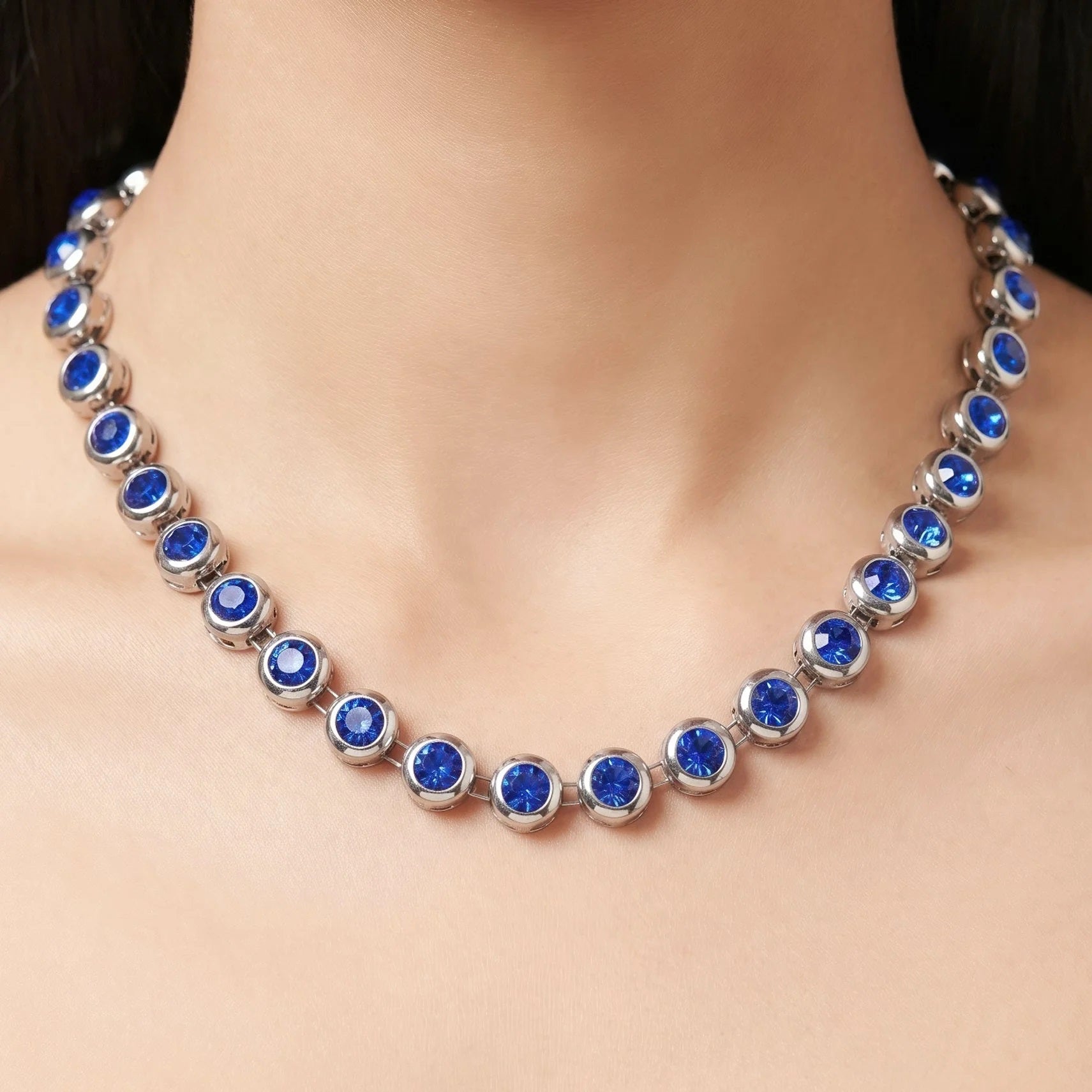 Fasssions Silver-Plated Blue Crystal Tennis Necklace for Women | Round Sapphire-Blue Cubic Zirconia Choker Necklace | Elegant Party & Wedding Jewelry Gift for Girls & Women