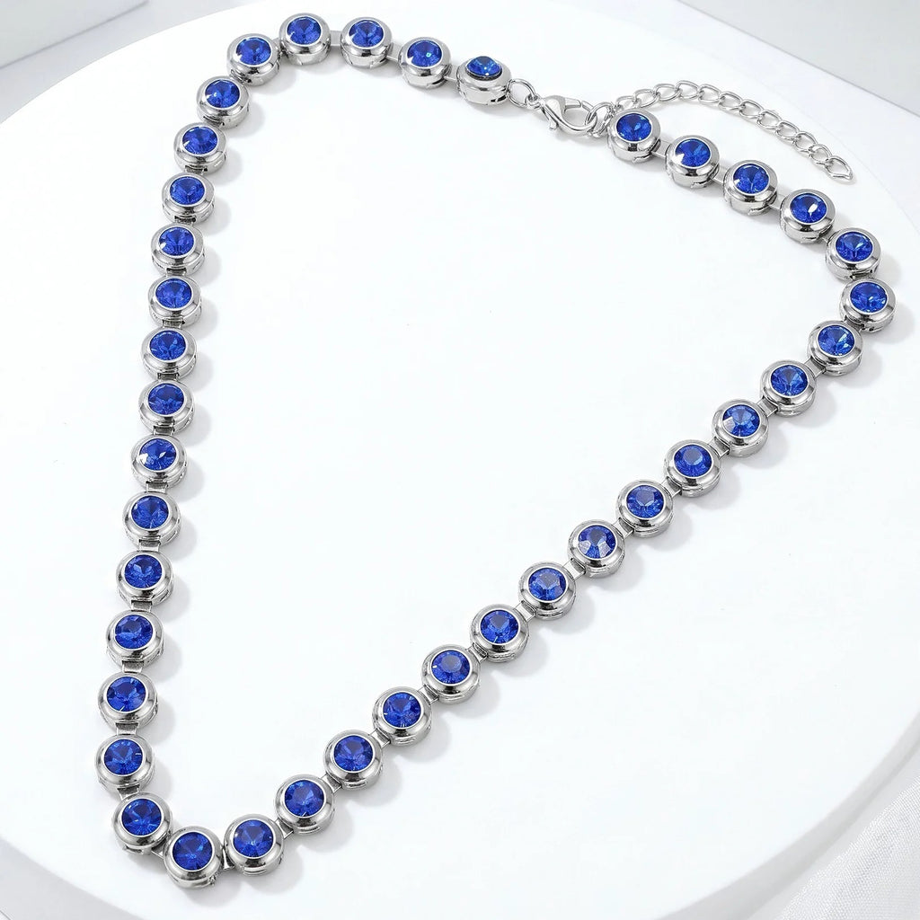 Fasssions Silver-Plated Blue Crystal Tennis Necklace for Women | Round Sapphire-Blue Cubic Zirconia Choker Necklace | Elegant Party & Wedding Jewelry Gift for Girls & Women