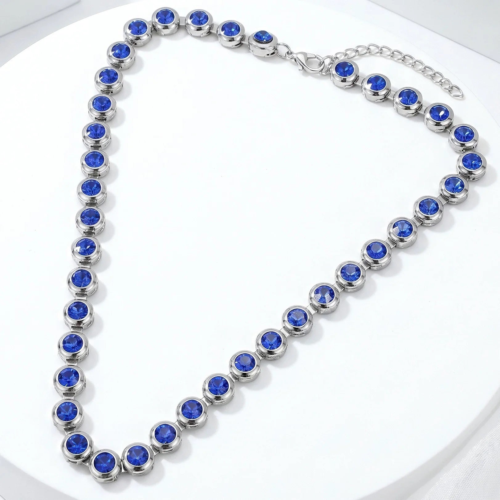 Fasssions Silver-Plated Blue Crystal Tennis Necklace for Women | Round Sapphire-Blue Cubic Zirconia Choker Necklace | Elegant Party & Wedding Jewelry Gift for Girls & Women