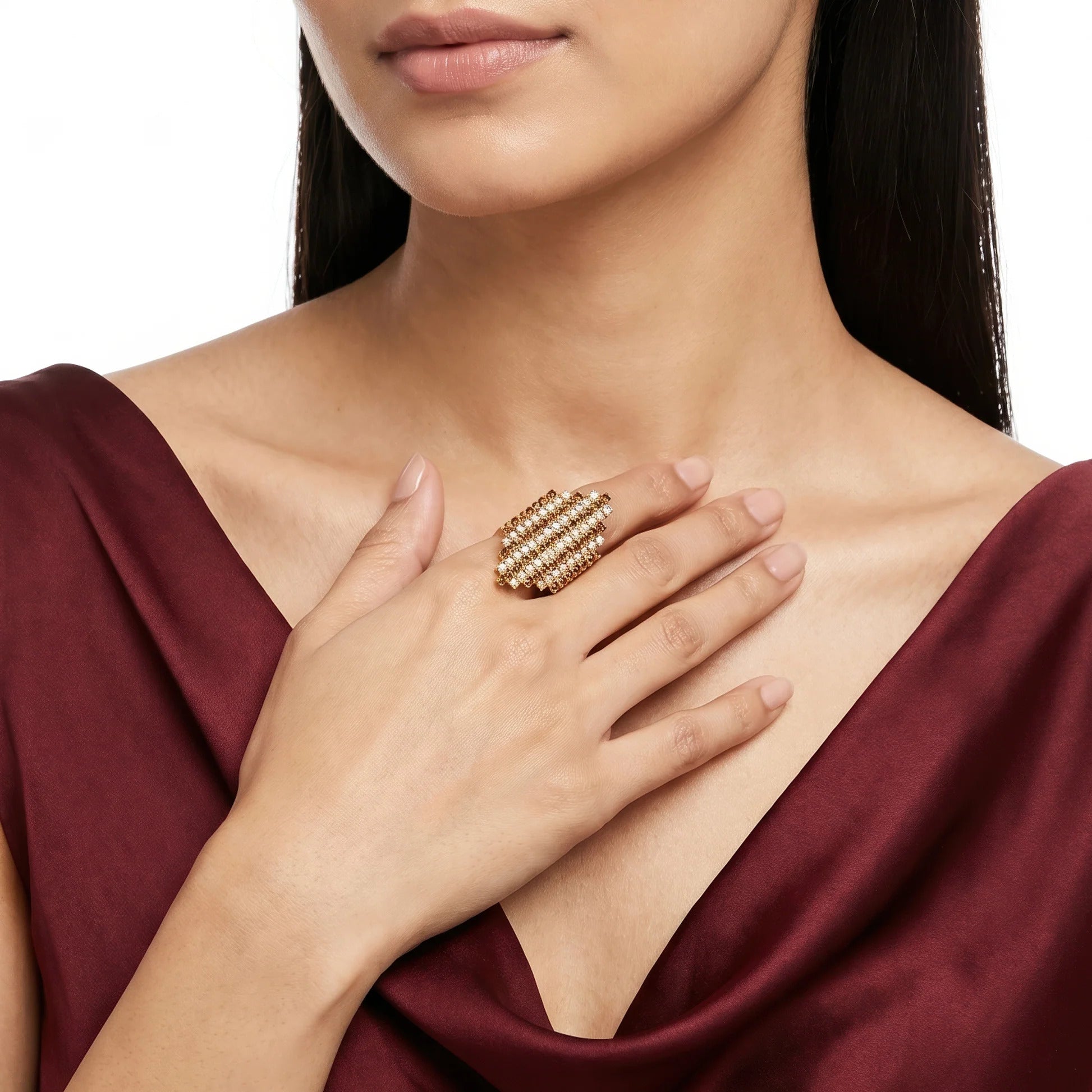 Fasssions Gold Plated Crystal Statement Ring for Women & Girls | Adjustable Cocktail Ring | Sparkling Rhinestone Fashion Ring | Party Wear Finger Ring