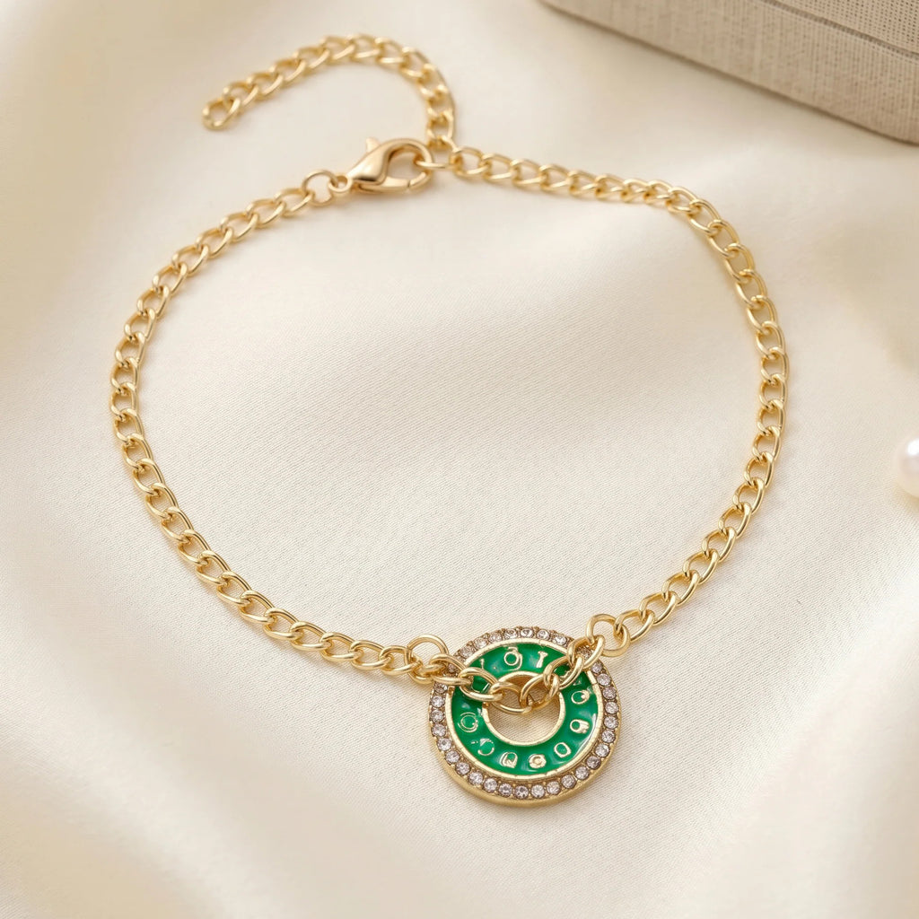 Fasssions Gold Plated Green Evil Eye Circle Anklet for Women & Girls | Adjustable Chain Ankle Bracelet | Crystal Studded Lucky Charm Anklet