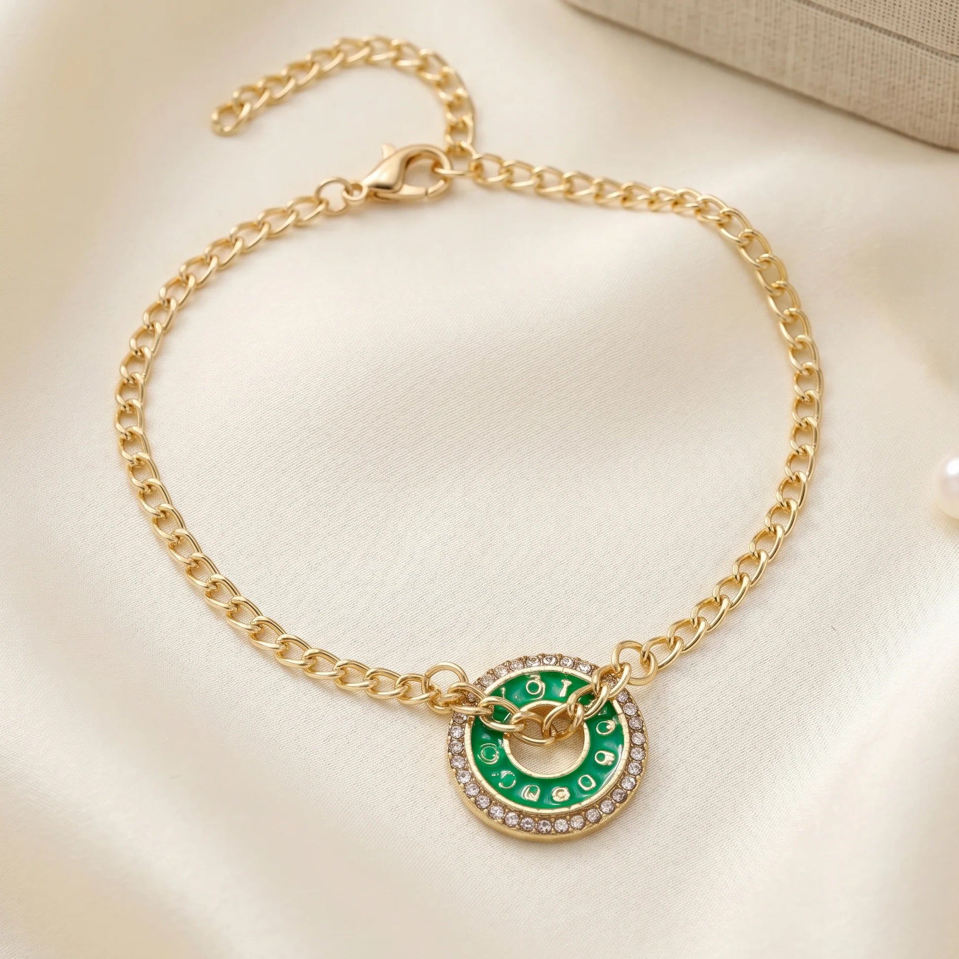 Fasssions Gold Plated Green Evil Eye Circle Anklet for Women & Girls | Adjustable Chain Ankle Bracelet | Crystal Studded Lucky Charm Anklet
