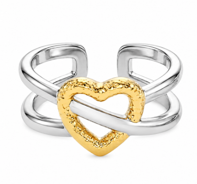 Fasssions Women's Two-Tone Heart Open Ring | Gold & Silver Adjustable Double Band Ring | Elegant Fashion Ring for Women & Girls