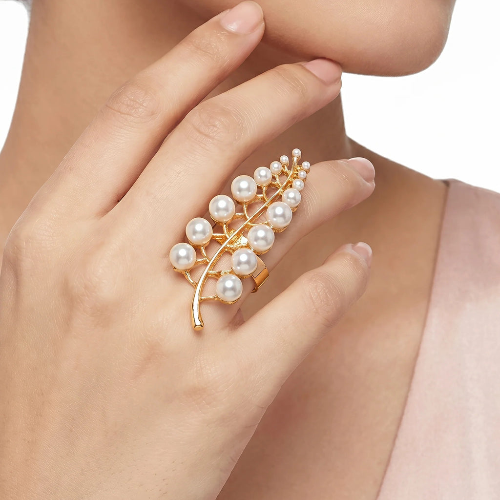 Fasssions Gold-Tone Pearl Leaf Adjustable Ring for Women | Elegant Statement Open Ring | Fashion Jewelry Gift