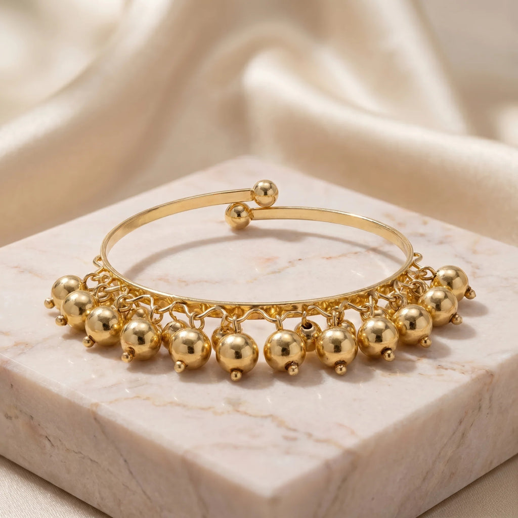 Fasssions Women's Gold Plated Beaded Charm Bangle Bracelet | Adjustable Open Cuff Kada | Traditional Ethnic Fashion Jewelry for Women & Girls