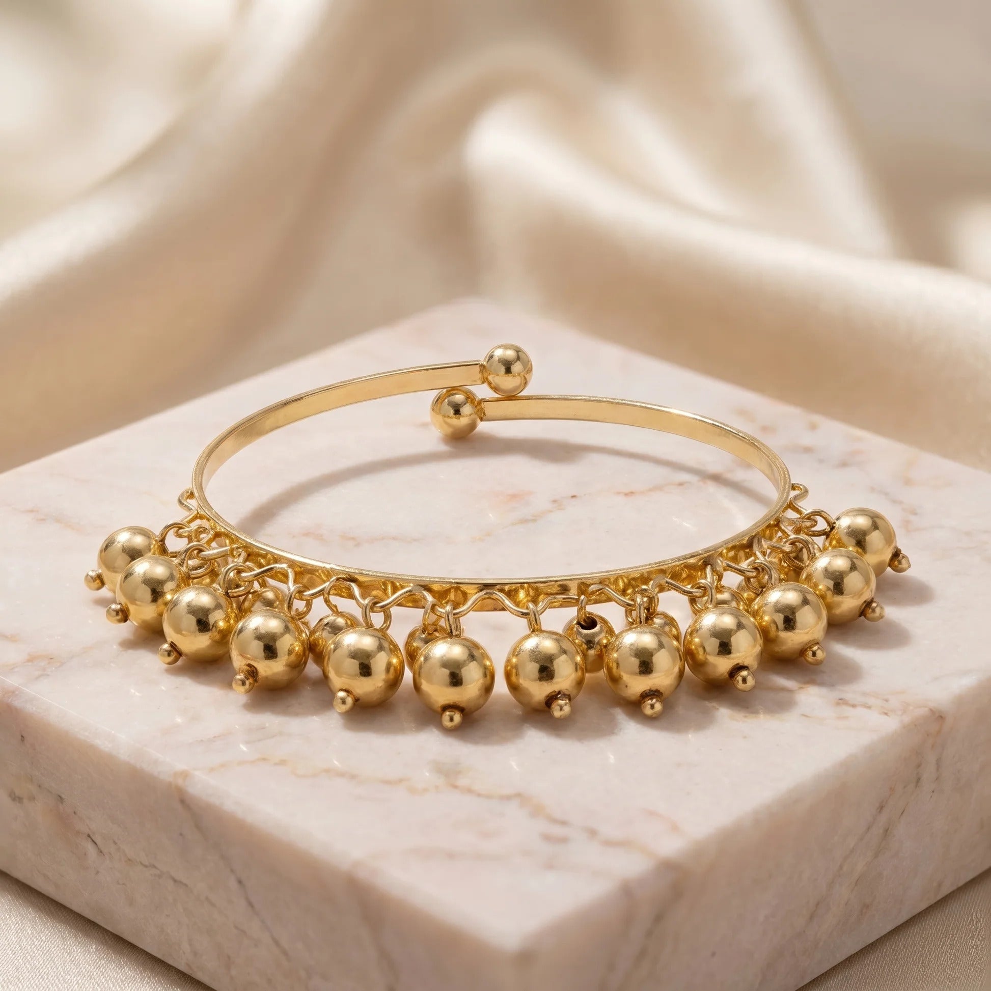 Fasssions Women's Gold Plated Beaded Charm Bangle Bracelet | Adjustable Open Cuff Kada | Traditional Ethnic Fashion Jewelry for Women & Girls