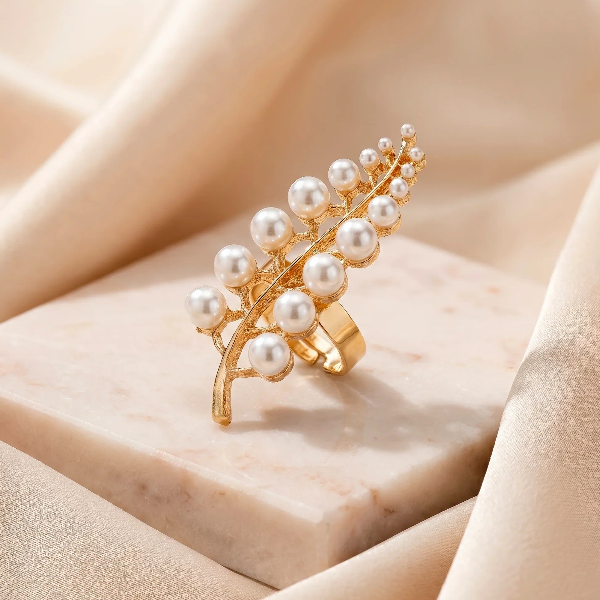 Fasssions Gold-Tone Pearl Leaf Adjustable Ring for Women | Elegant Statement Open Ring | Fashion Jewelry Gift