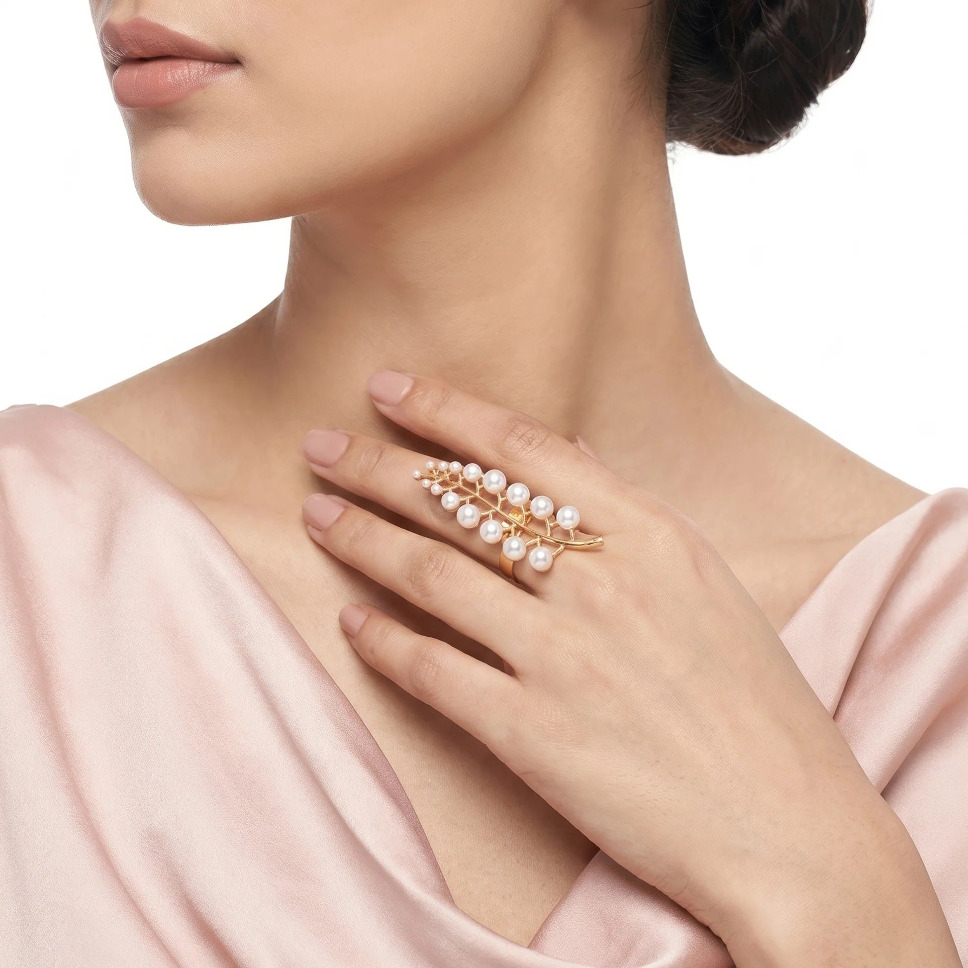Fasssions Gold-Tone Pearl Leaf Adjustable Ring for Women | Elegant Statement Open Ring | Fashion Jewelry Gift
