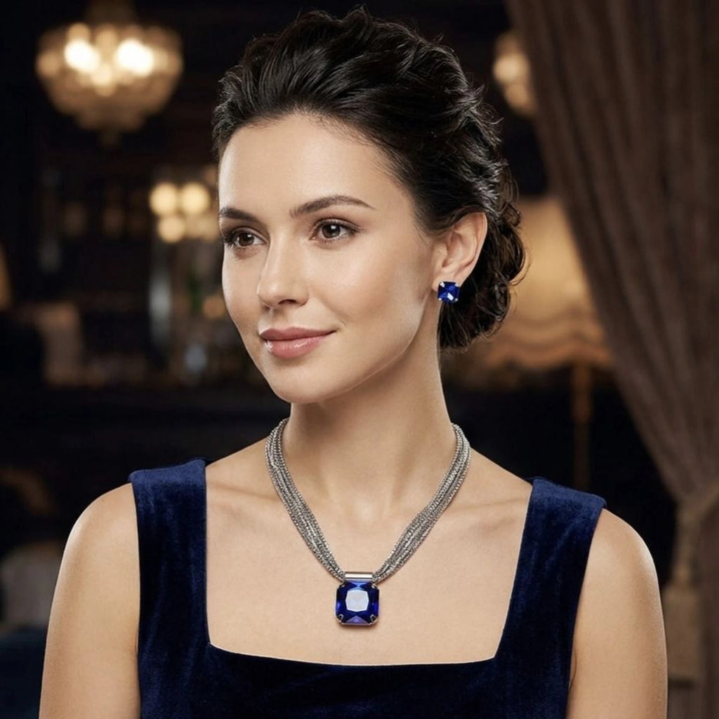Fasssions Silver-Plated Blue Crystal Pendant Necklace for Women | Multi-Strand Chain with Square Cubic Zirconia Pendant | Elegant Jewelry Set for Party, Wedding & Daily Wear