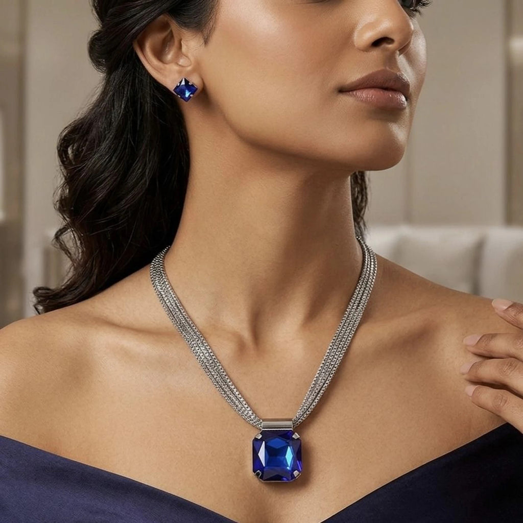 Fasssions Silver-Plated Blue Crystal Pendant Necklace for Women | Multi-Strand Chain with Square Cubic Zirconia Pendant | Elegant Jewelry Set for Party, Wedding & Daily Wear