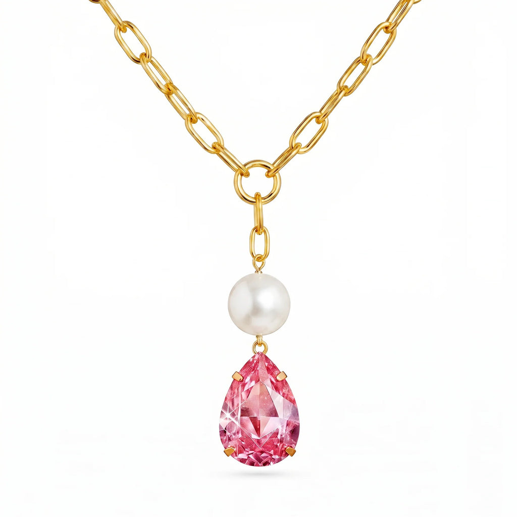 FASSSIONS Gold-Tone Pearl & Pink Crystal Drop Pendant Necklace for Women | Chunky Link Chain | Elegant Fashion Jewelry Gift