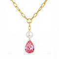 FASSSIONS Gold-Tone Pearl & Pink Crystal Drop Pendant Necklace for Women | Chunky Link Chain | Elegant Fashion Jewelry Gift