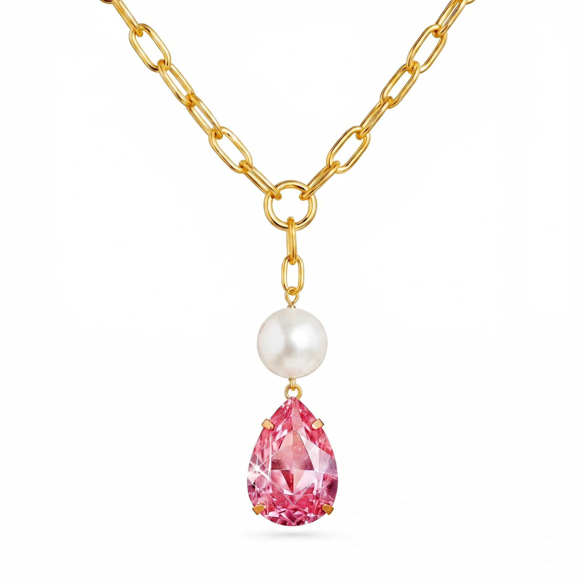 FASSSIONS Gold-Tone Pearl & Pink Crystal Drop Pendant Necklace for Women | Chunky Link Chain | Elegant Fashion Jewelry Gift