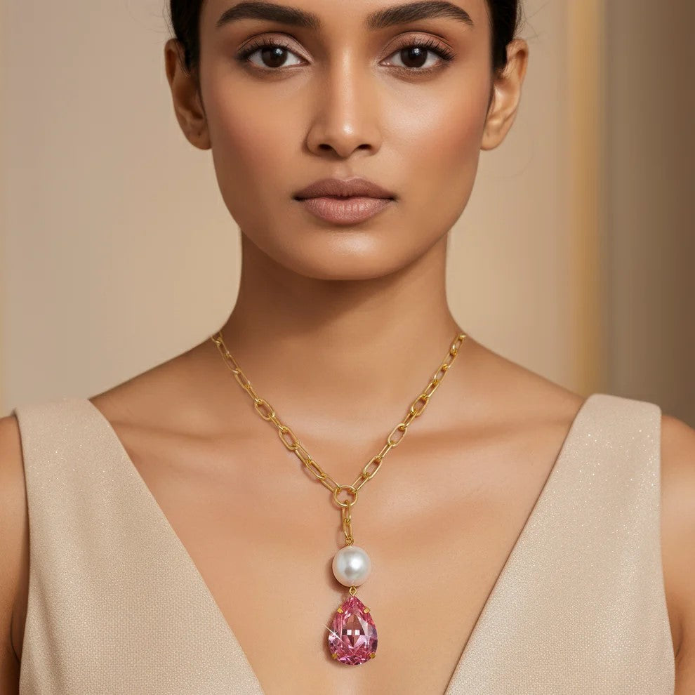 FASSSIONS Gold-Tone Pearl & Pink Crystal Drop Pendant Necklace for Women | Chunky Link Chain | Elegant Fashion Jewelry Gift