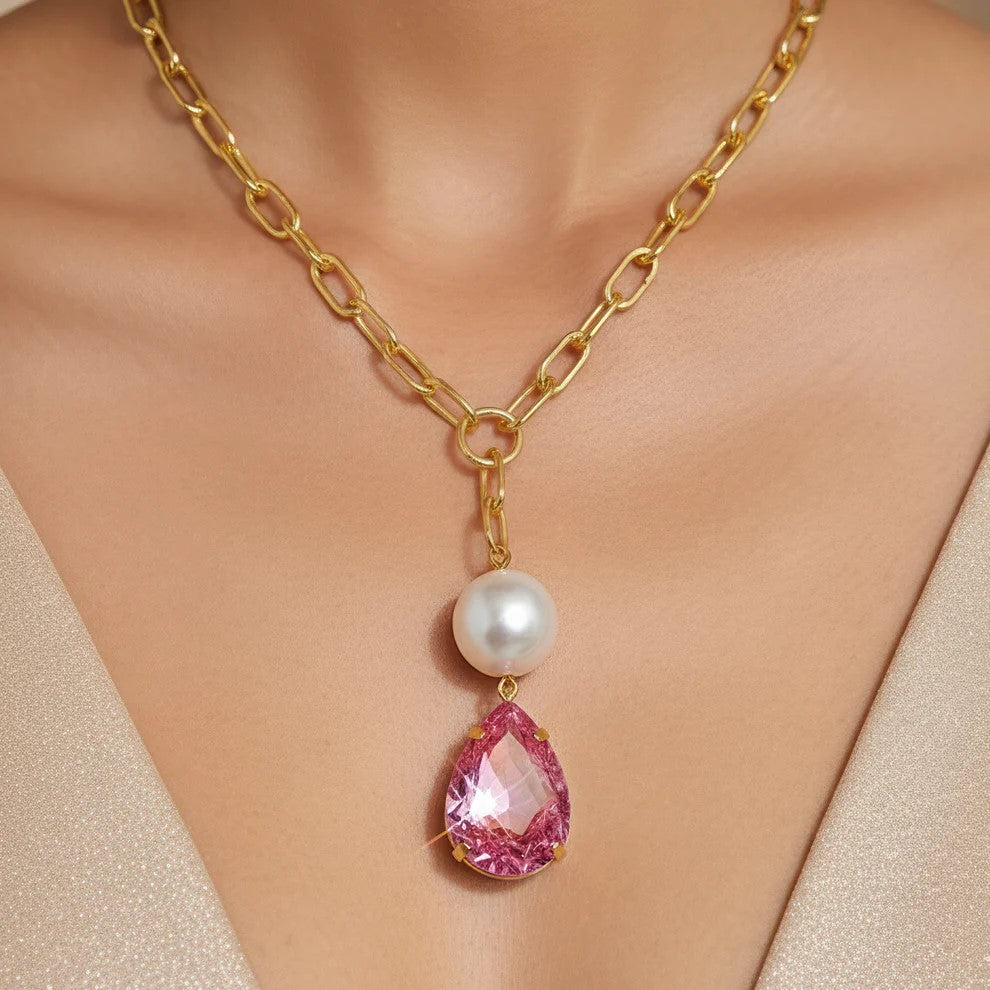 FASSSIONS Gold-Tone Pearl & Pink Crystal Drop Pendant Necklace for Women | Chunky Link Chain | Elegant Fashion Jewelry Gift