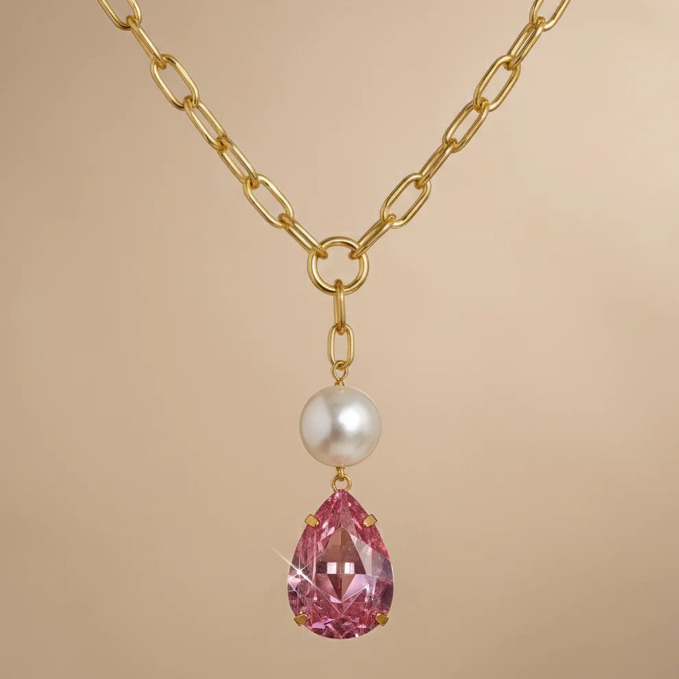 FASSSIONS Gold-Tone Pearl & Pink Crystal Drop Pendant Necklace for Women | Chunky Link Chain | Elegant Fashion Jewelry Gift