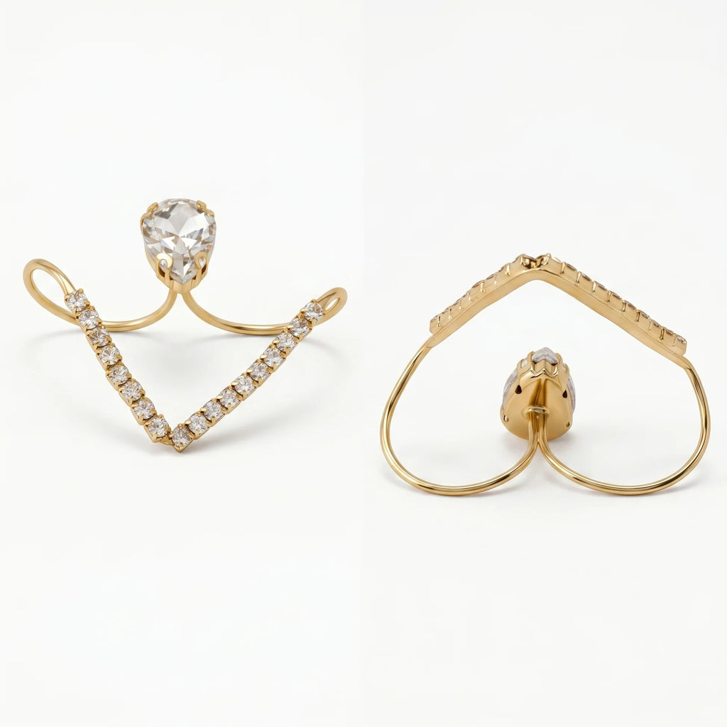Fasssions Gold Plated Pear Cut Crystal Adjustable Ring for Women & Girls | Open V Design CZ Diamond Statement Ring | Elegant Cocktail Ring