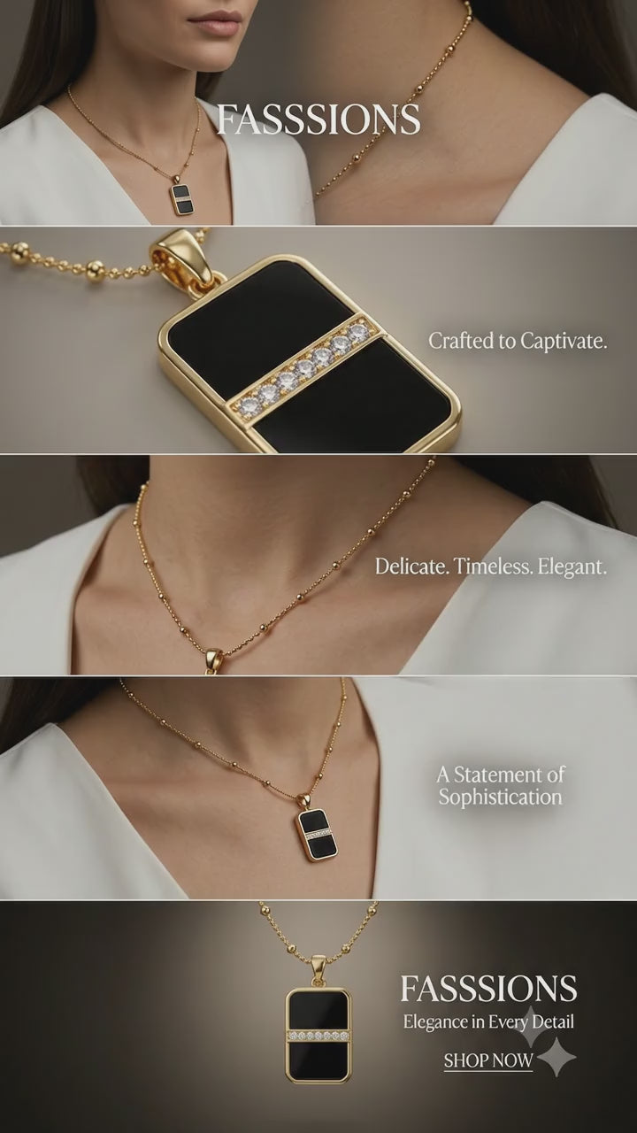 FASSSIONS Women’s Gold Tone Black Pendant Necklace | Geometric Rectangle Black Stone Chain with Crystal Detail