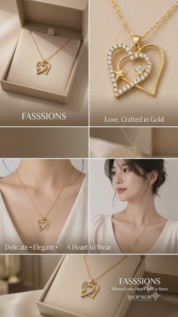 Gold-Plated Double Heart Pendant Necklace for Women | Cubic Zirconia Heart Chain | Elegant Fashion Jewelry